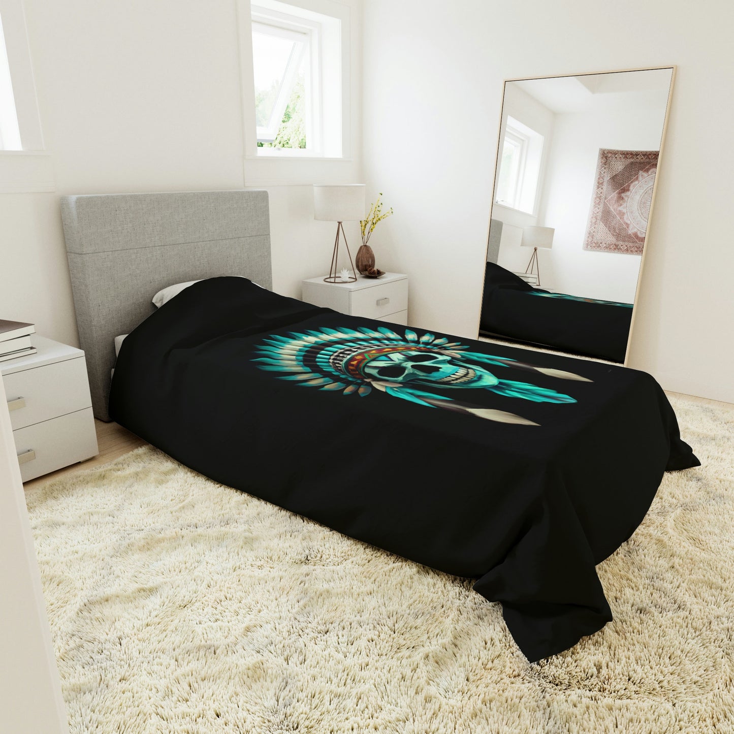 skull, native american headdress, duvet cover, bedding, twin XL, queen, king size, bedroom decor, gothic, turquoise, modern home decor