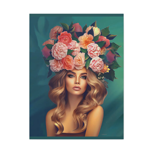 woman flowers in hair, wall art, wall art canvas, wall art dcor, wall art woman, boho, floral, feminine wall art, goddess, woman decor