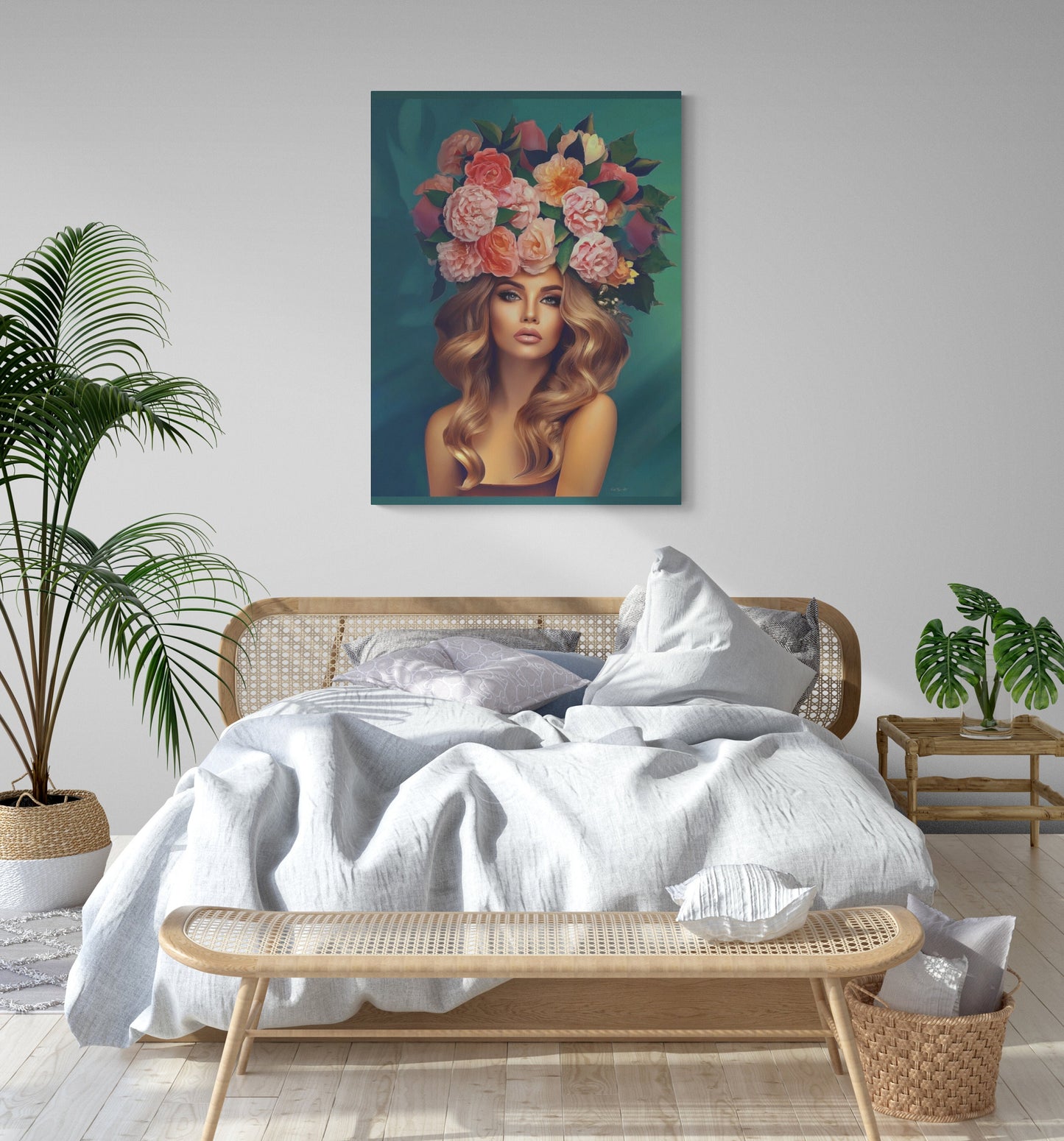 woman flowers in hair, wall art, wall art canvas, wall art dcor, wall art woman, boho, floral, feminine wall art, goddess, woman decor