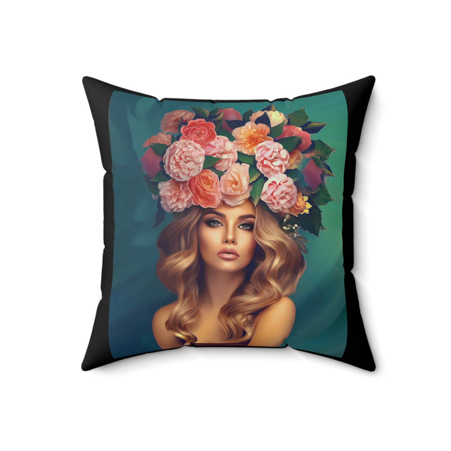 woman with flowers in hair, decorative pillow, living room pillow, bedroom pillow, throw pillow, pillows, decorative pillows, accent pillow