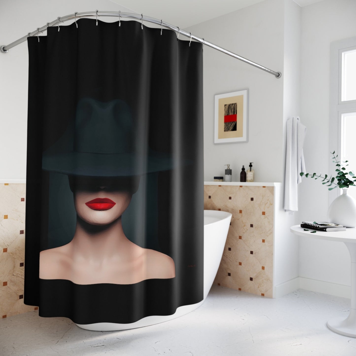 woman in hat, sexy, shower curtain, home accessories, bathroom dcor, bathroom, home dcor, housewarming gift, shower room decor, mysterio