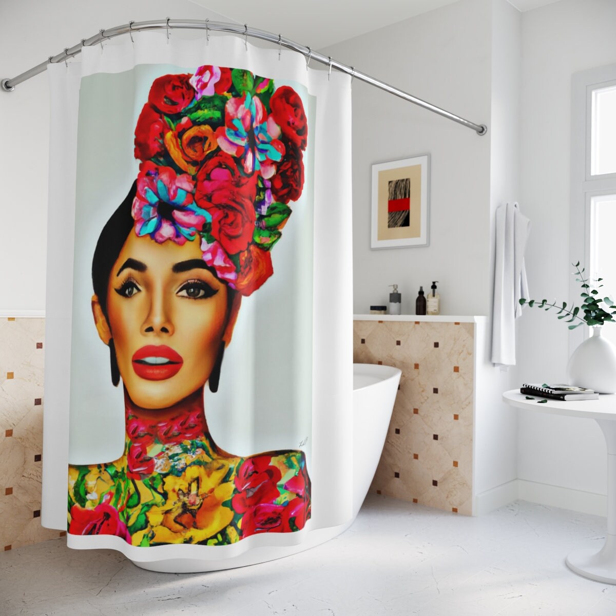 latina, flowers, tattoos, shower curtain, home accessories, bathroom dcor, bathroom, home dcor, housewarming gift, shower room decor