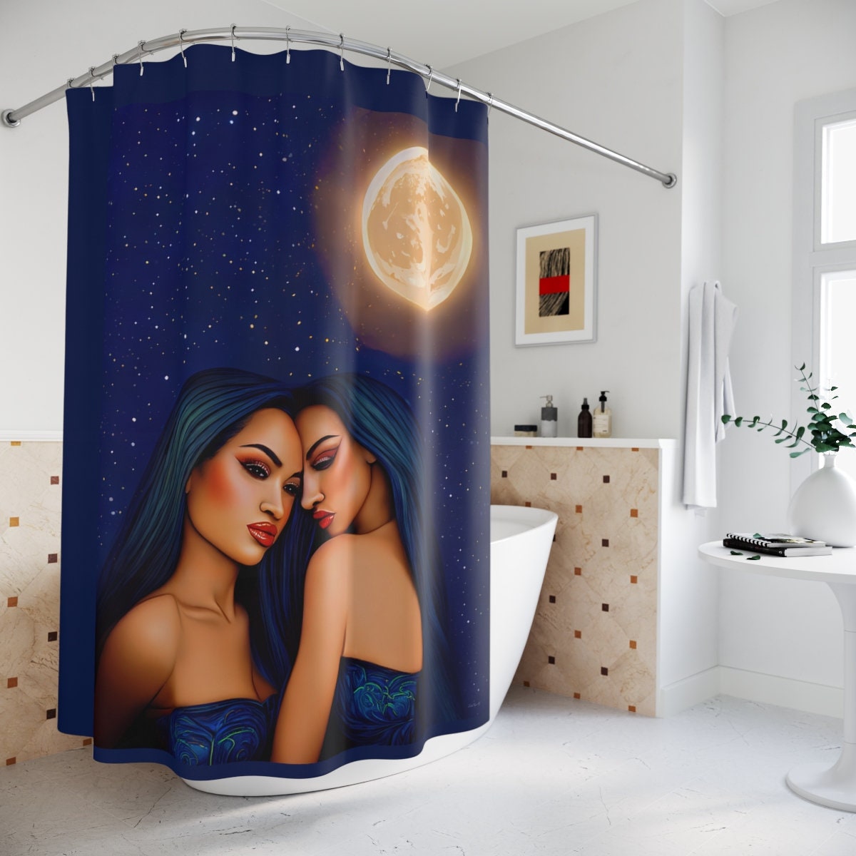 hawaiian woman, shower curtain, home accessories, bathroom decor, bathroom, home decor, housewarming gift, shower room decor