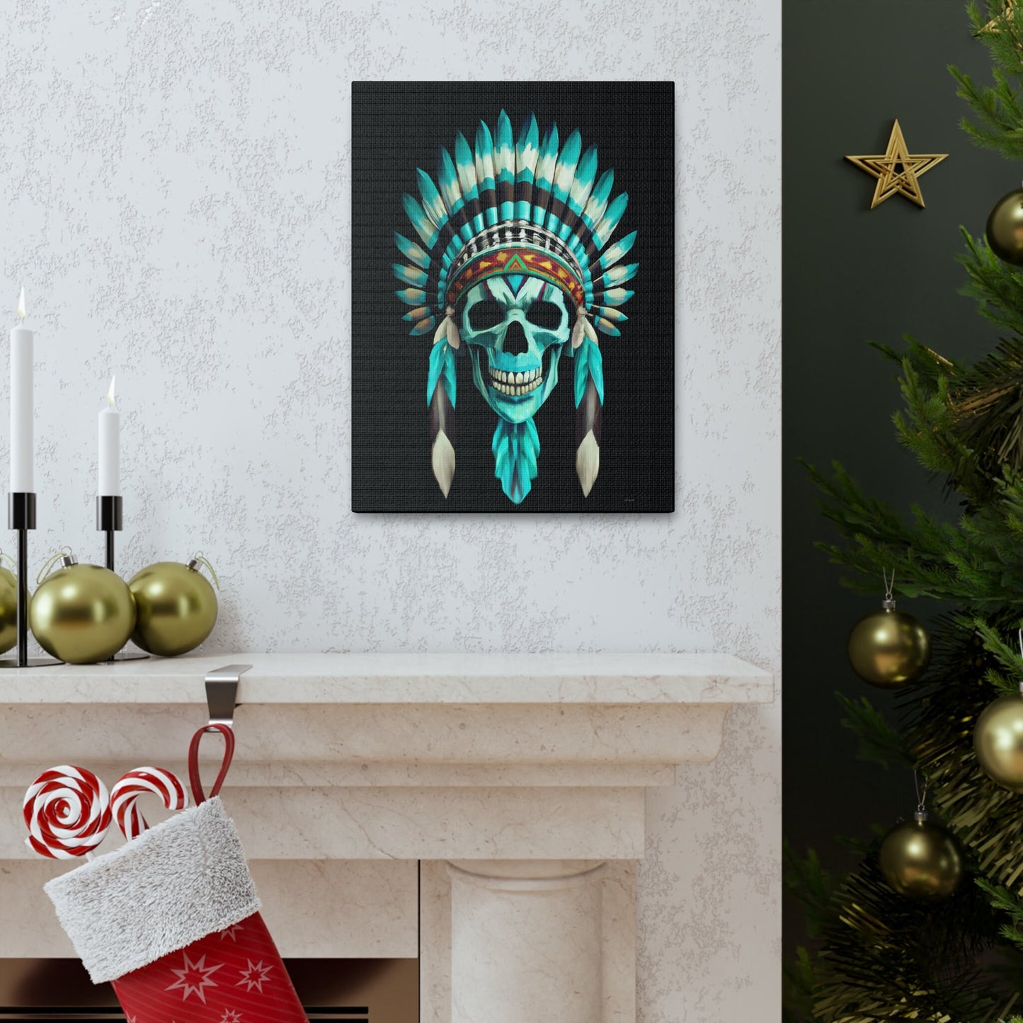 human skull, boho decor, native american decor, feather headdress, wall art, wall art canvas, wall art dcor, wall art unique, gothic