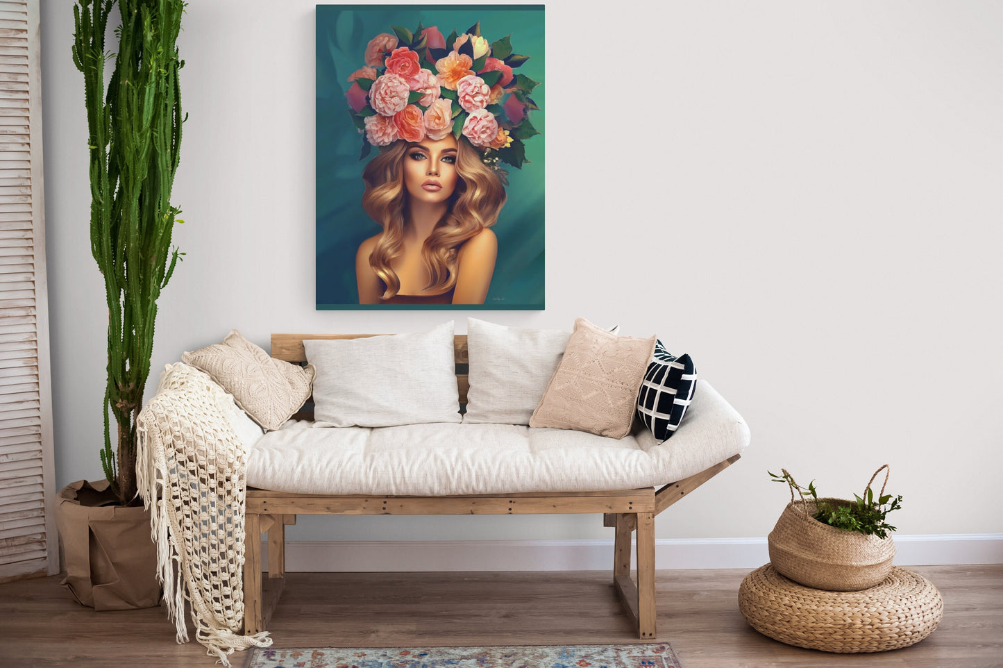 woman flowers in hair, wall art, wall art canvas, wall art dcor, wall art woman, boho, floral, feminine wall art, goddess, woman decor