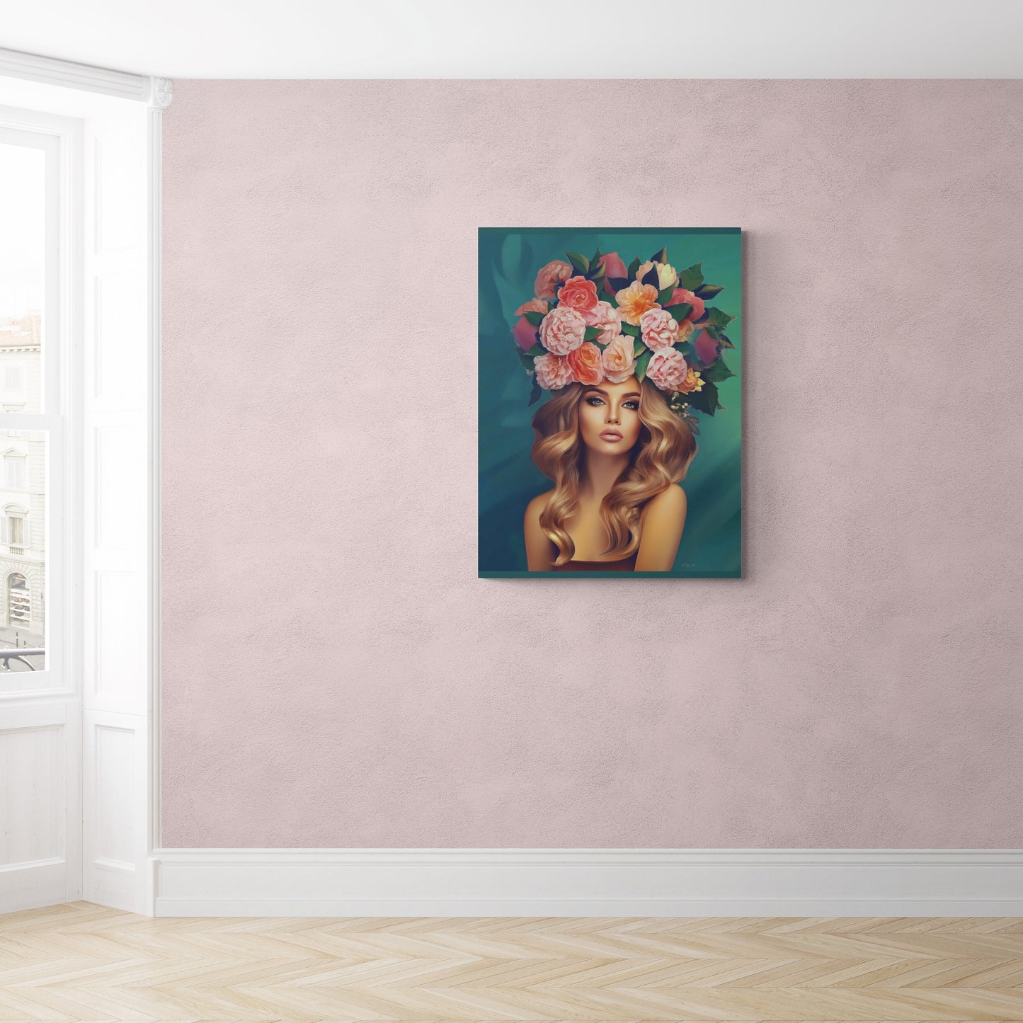 woman flowers in hair, wall art, wall art canvas, wall art dcor, wall art woman, boho, floral, feminine wall art, goddess, woman decor