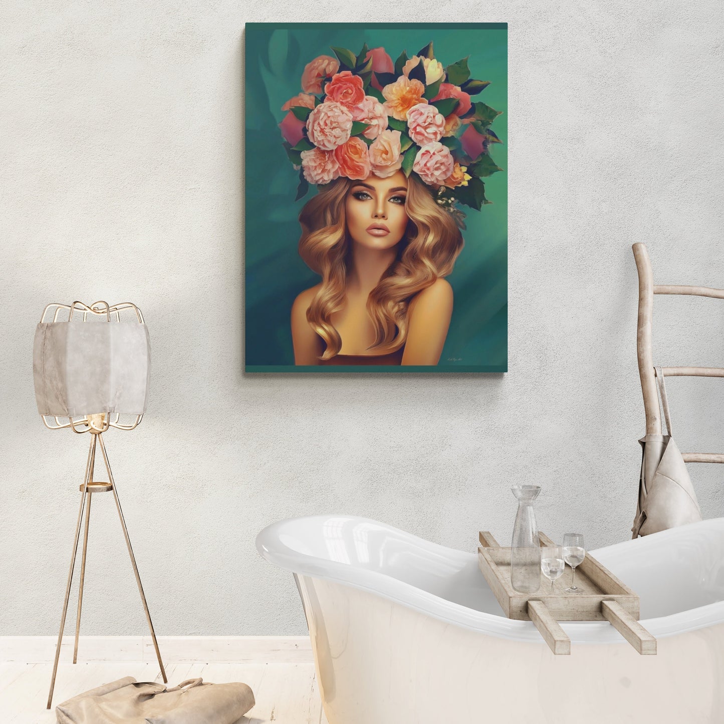 woman flowers in hair, wall art, wall art canvas, wall art dcor, wall art woman, boho, floral, feminine wall art, goddess, woman decor