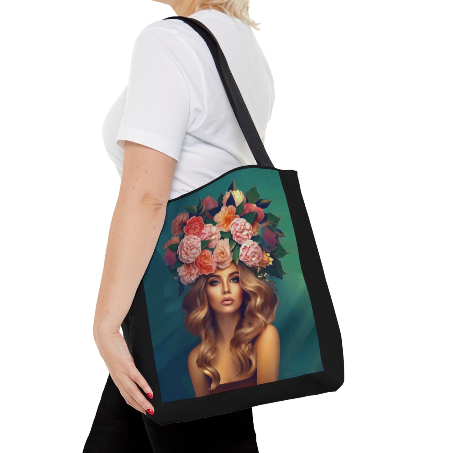 pretty woman, flowers in hair, bag, canvas bag, tote bag, gifts for women, canvas shopper, reusable bag, shopping bag, tote bag for women