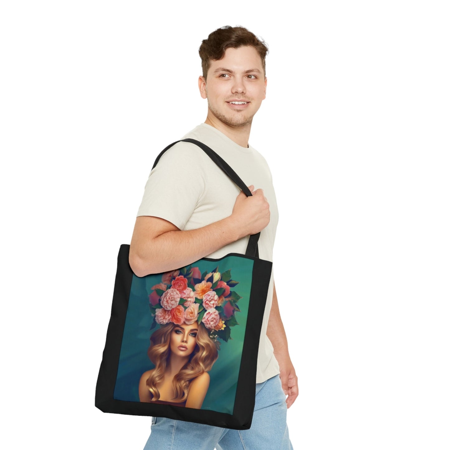 pretty woman, flowers in hair, bag, canvas bag, tote bag, gifts for women, canvas shopper, reusable bag, shopping bag, tote bag for women