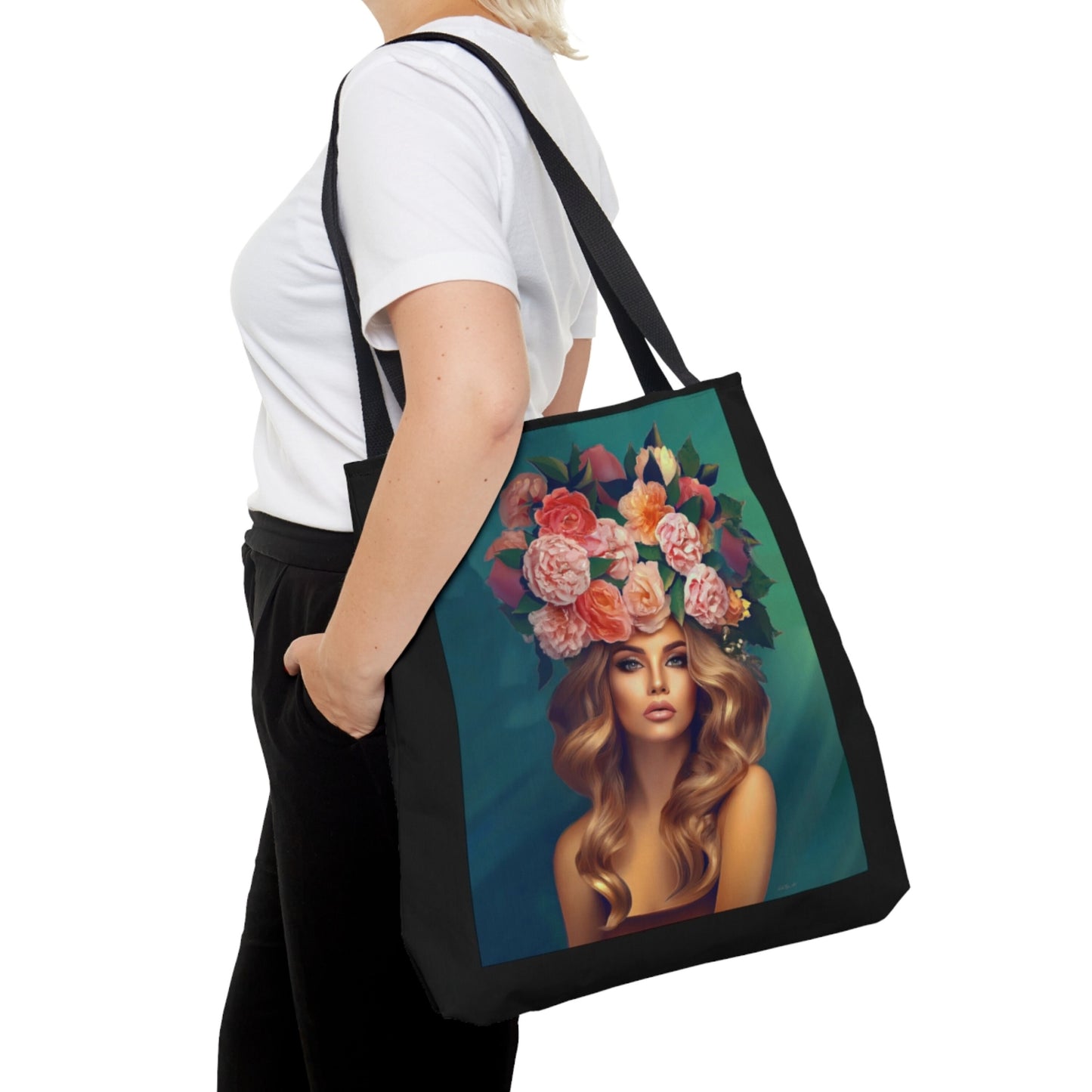 pretty woman, flowers in hair, bag, canvas bag, tote bag, gifts for women, canvas shopper, reusable bag, shopping bag, tote bag for women