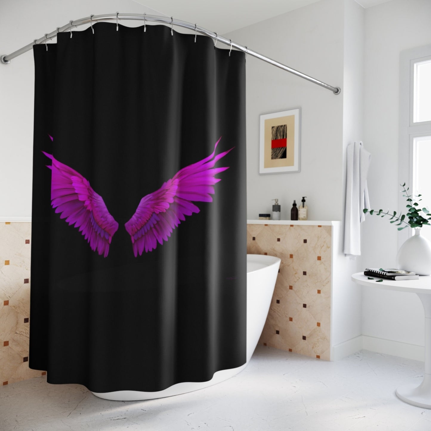 fuchsia angel wings, spiritual, shower curtain, home accessories, bathroom dcor, bathroom, home dcor, housewarming gift, shower room dec