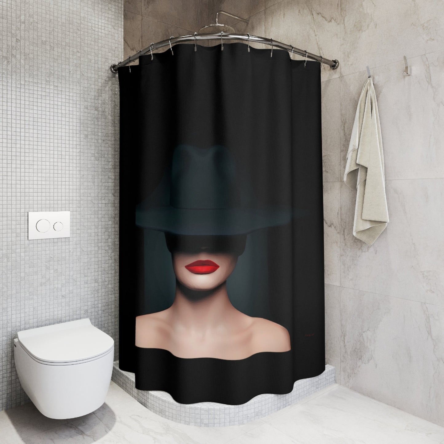 woman in hat, sexy, shower curtain, home accessories, bathroom dcor, bathroom, home dcor, housewarming gift, shower room decor, mysterio