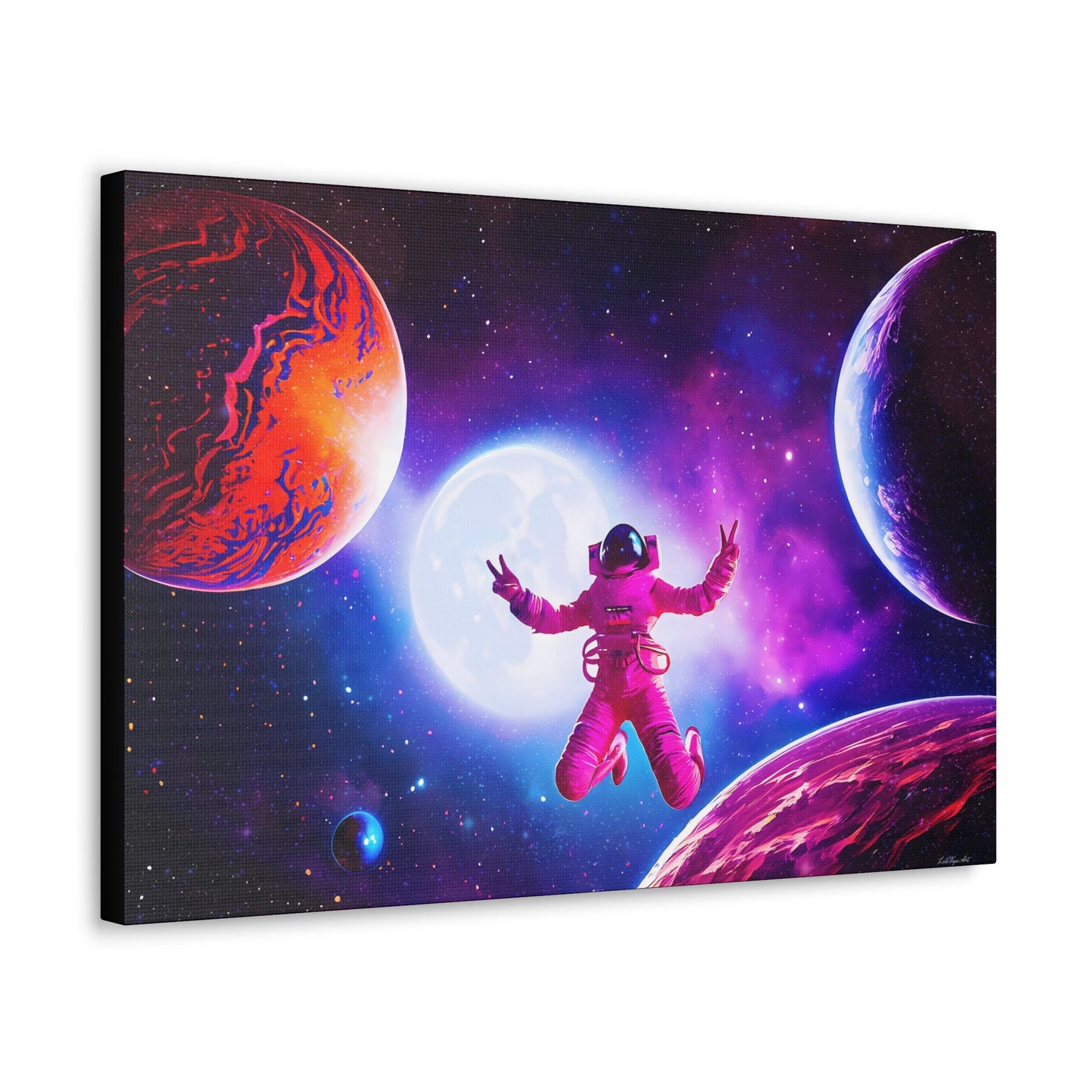 universe, galaxy, female astronaut, wall art, wall art canvas, wall art dcor, nebula, purple, peace sign, unique, large wall art, space