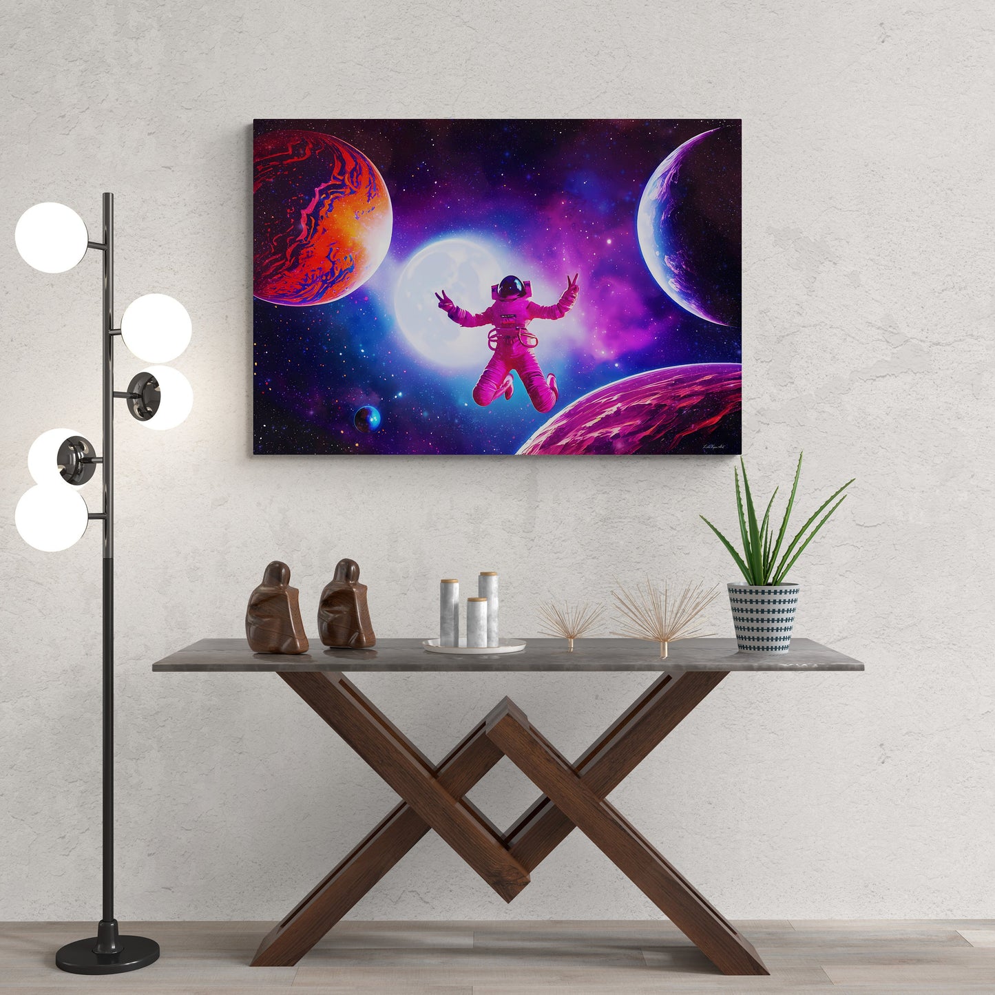 universe, galaxy, female astronaut, wall art, wall art canvas, wall art dcor, nebula, purple, peace sign, unique, large wall art, space