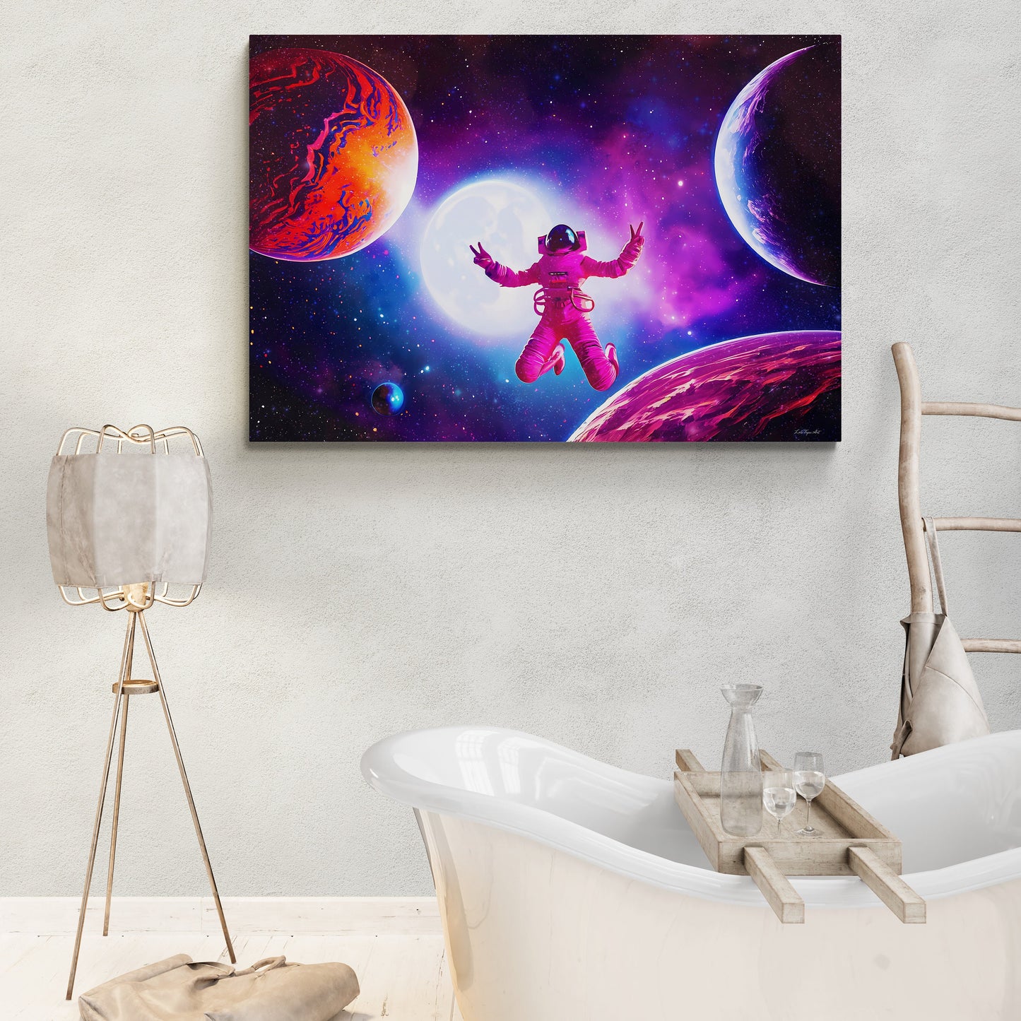 universe, galaxy, female astronaut, wall art, wall art canvas, wall art dcor, nebula, purple, peace sign, unique, large wall art, space