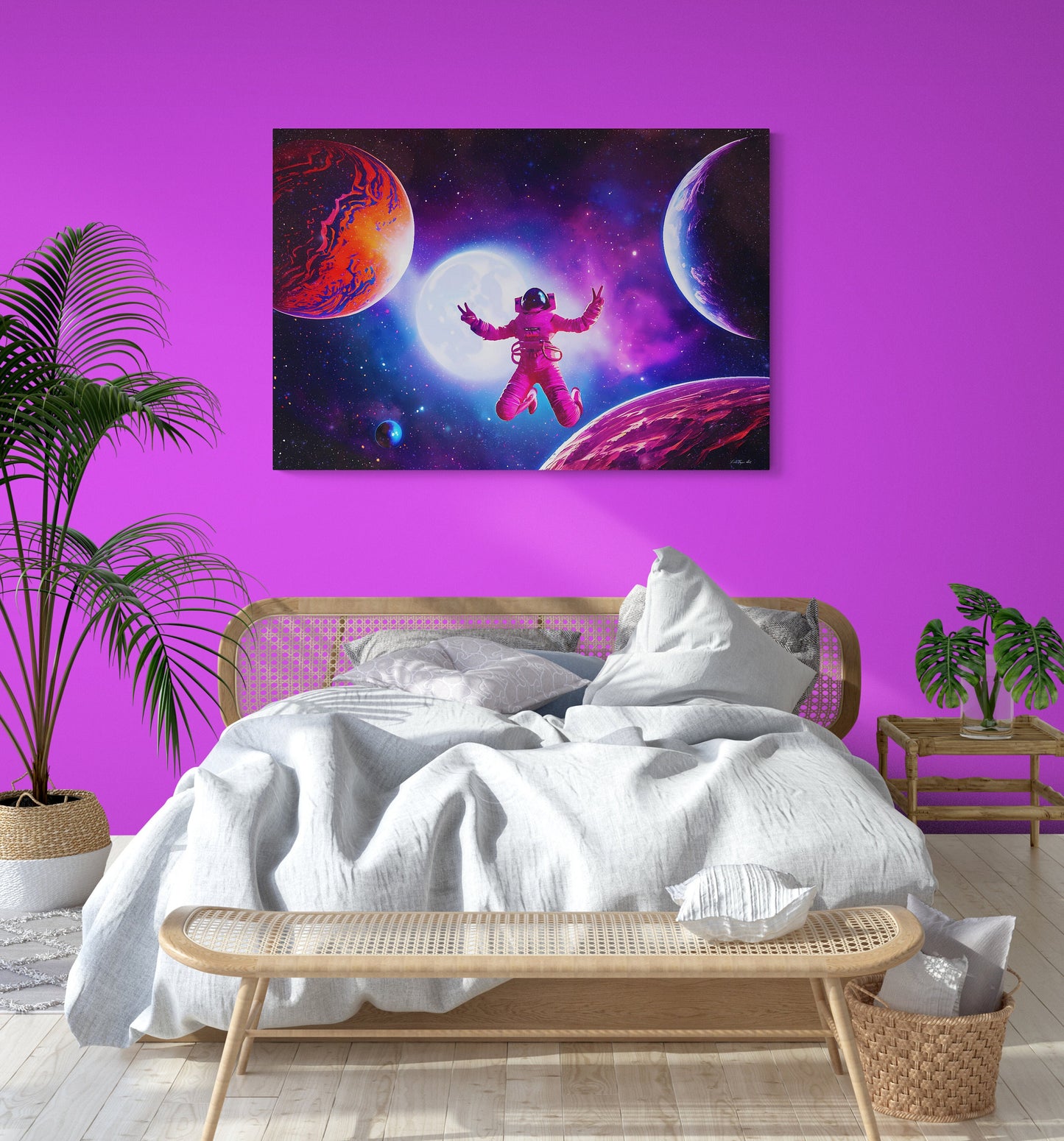 universe, galaxy, female astronaut, wall art, wall art canvas, wall art dcor, nebula, purple, peace sign, unique, large wall art, space