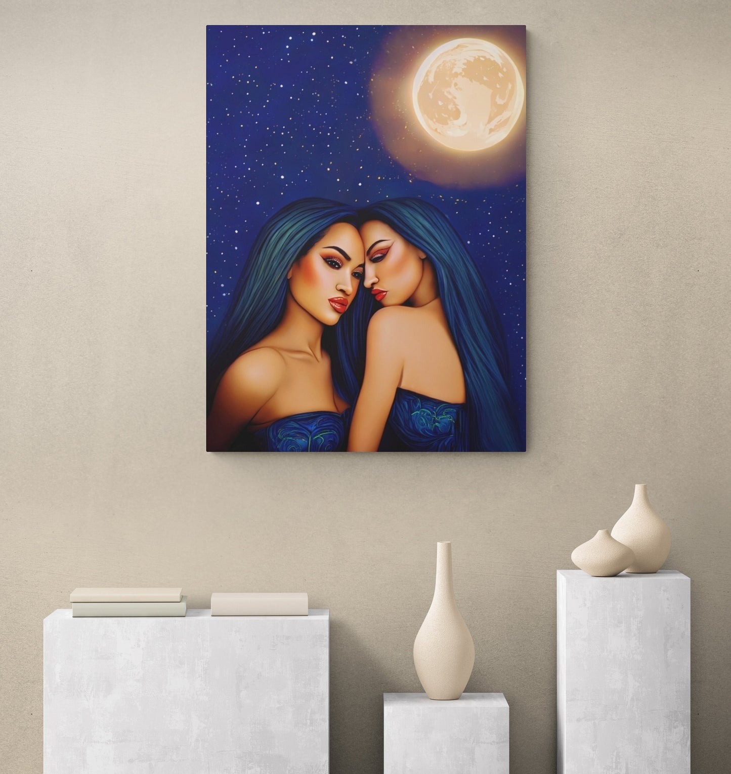 hawaiian women, moonlight, wall art, wall art canvas, wall art decor, room wall decor,  woman print