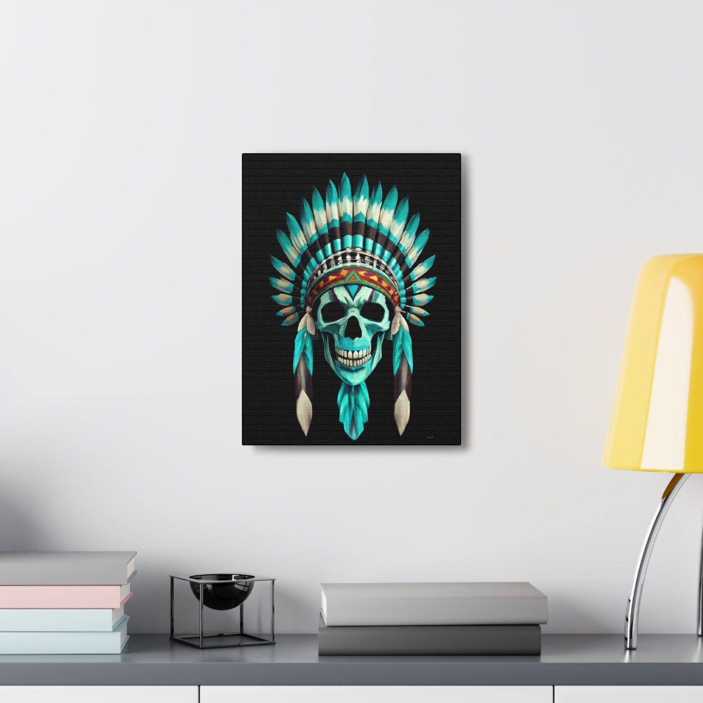 human skull, boho decor, native american decor, feather headdress, wall art, wall art canvas, wall art dcor, wall art unique, gothic