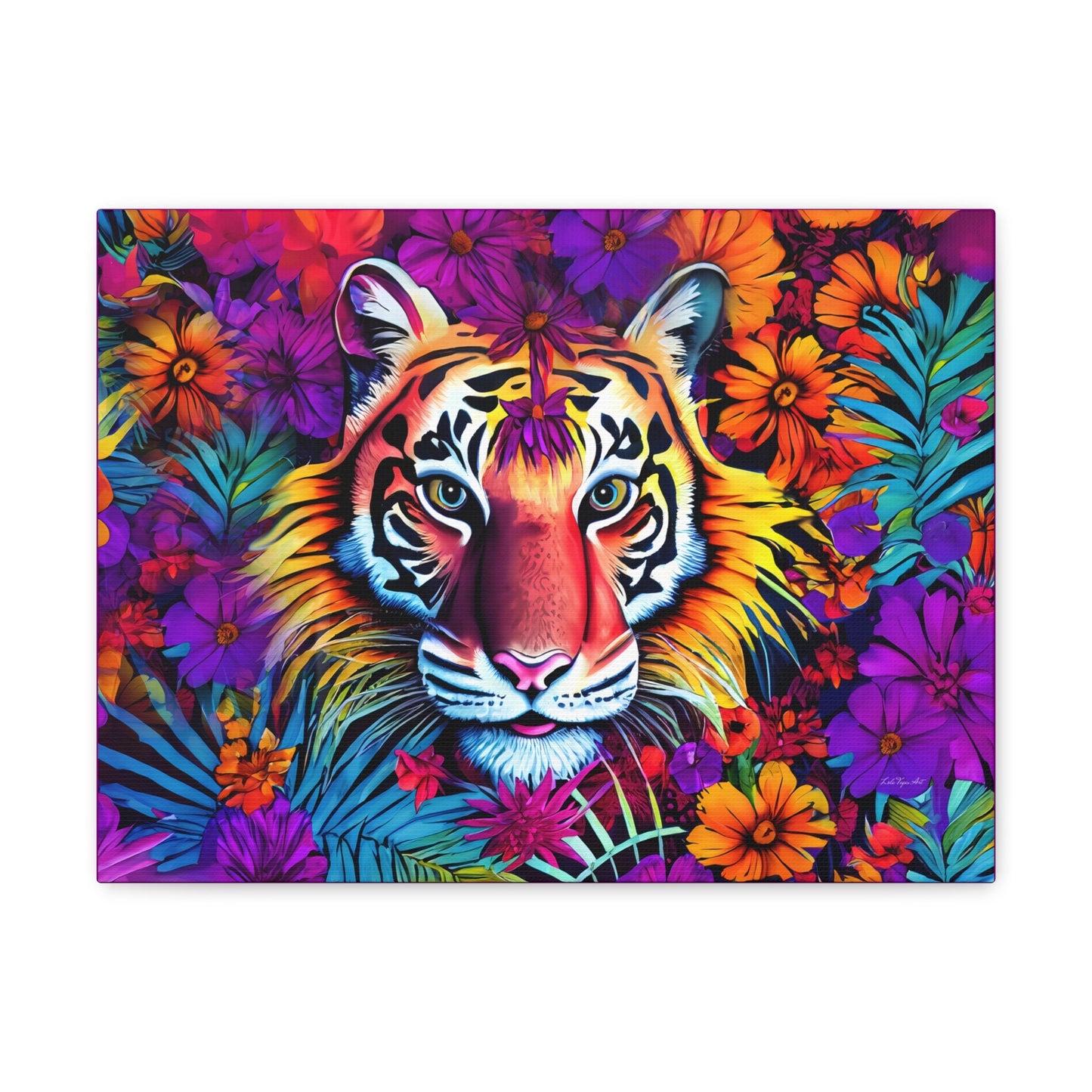 tiger art, flowers, big cat art, colorful, wall art, wall art canvas, wall art dcor, animal wall art, garden, unique, large wall art,