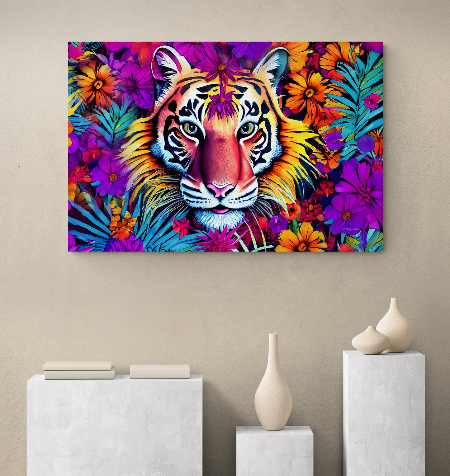 tiger art, flowers, big cat art, colorful, wall art, wall art canvas, wall art dcor, animal wall art, garden, unique, large wall art,