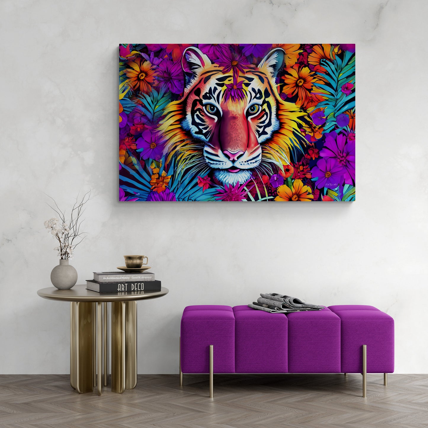 tiger art, flowers, big cat art, colorful, wall art, wall art canvas, wall art dcor, animal wall art, garden, unique, large wall art,