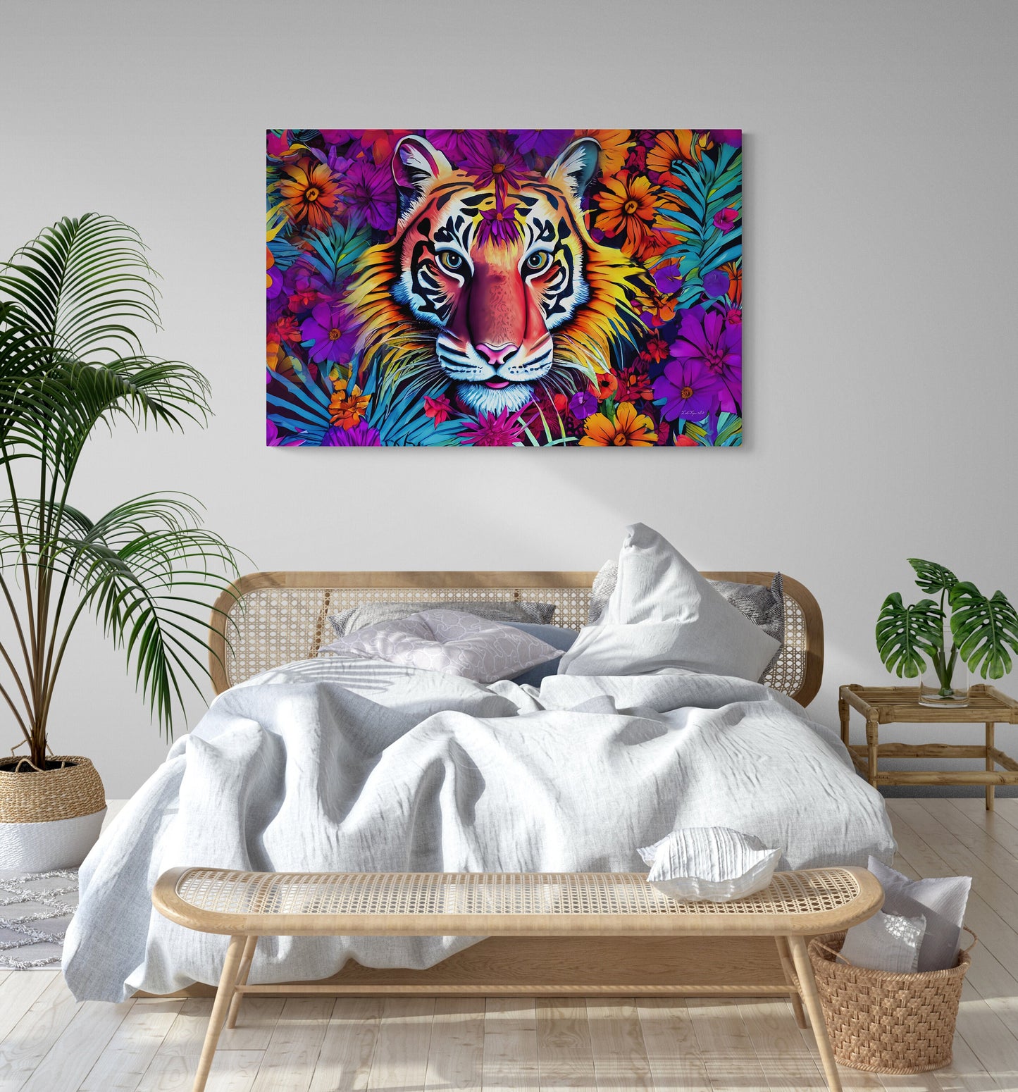 tiger art, flowers, big cat art, colorful, wall art, wall art canvas, wall art dcor, animal wall art, garden, unique, large wall art,