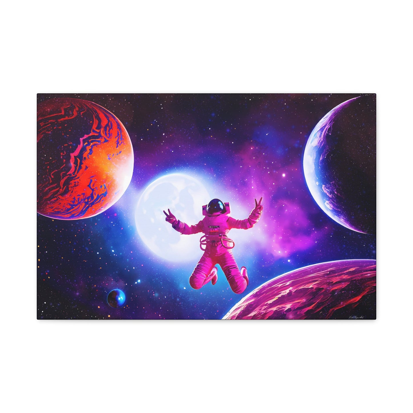 universe, galaxy, female astronaut, wall art, wall art canvas, wall art dcor, nebula, purple, peace sign, unique, large wall art, space