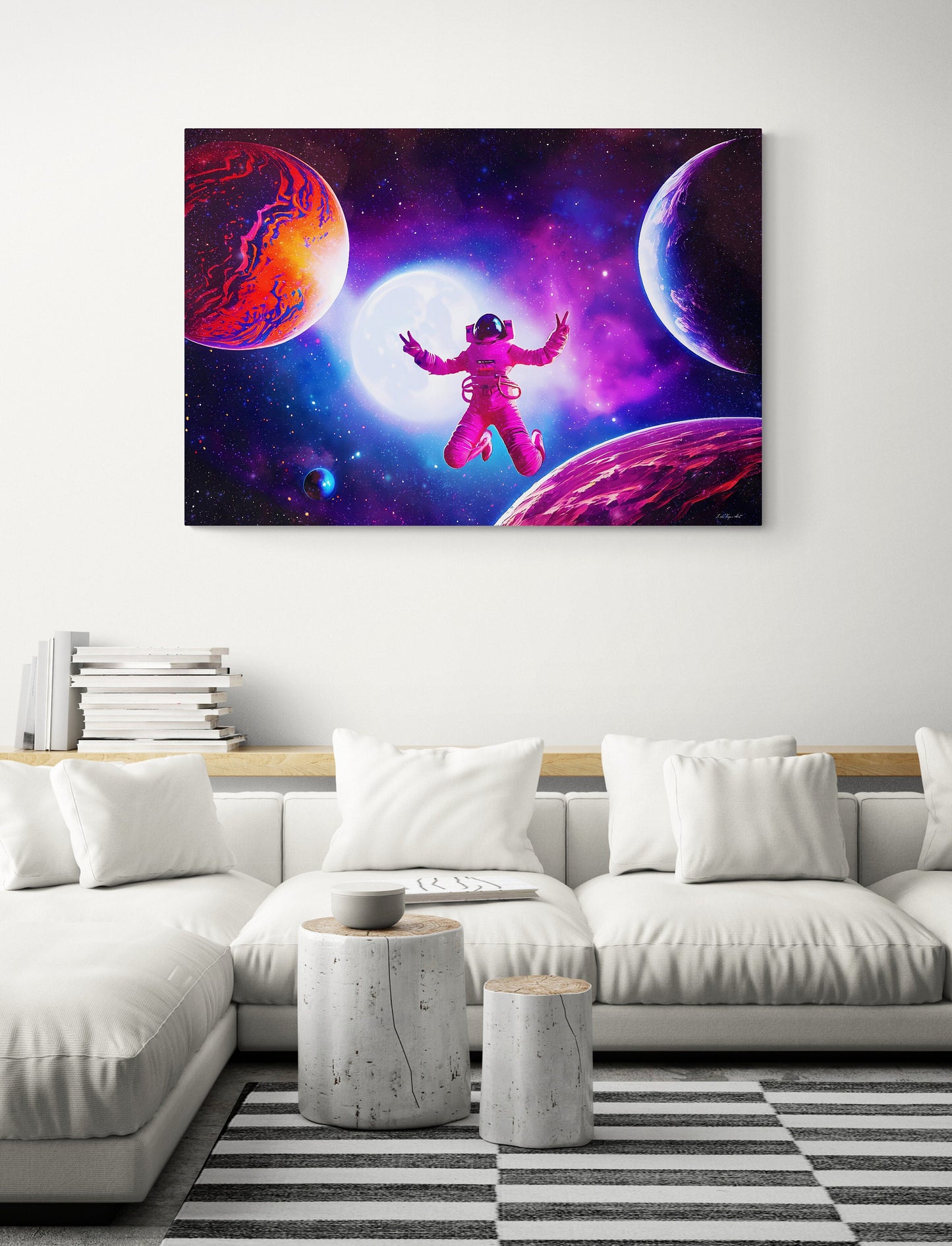 universe, galaxy, female astronaut, wall art, wall art canvas, wall art dcor, nebula, purple, peace sign, unique, large wall art, space