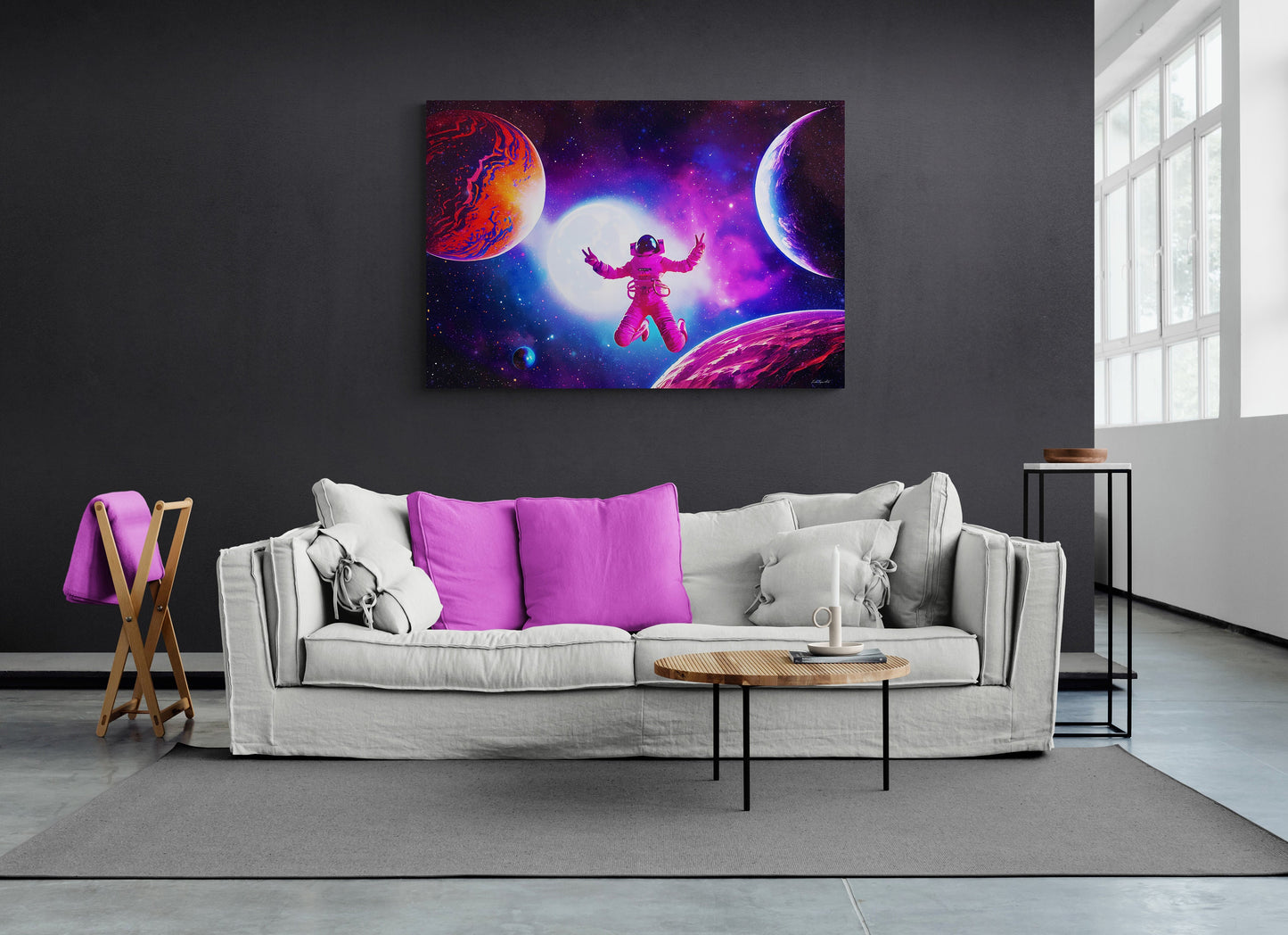 universe, galaxy, female astronaut, wall art, wall art canvas, wall art dcor, nebula, purple, peace sign, unique, large wall art, space