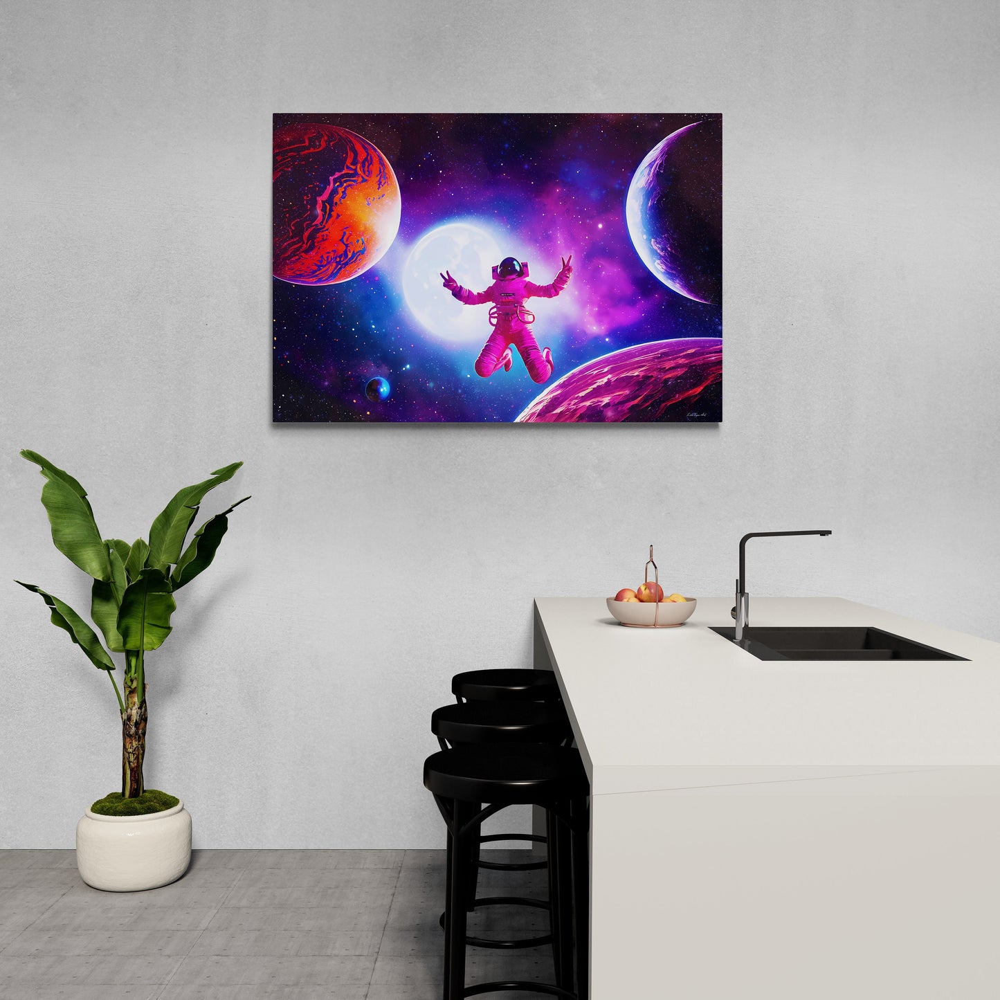 universe, galaxy, female astronaut, wall art, wall art canvas, wall art dcor, nebula, purple, peace sign, unique, large wall art, space