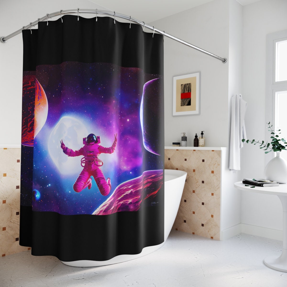 female astronaut, galaxy, shower curtain, home accessories, bathroom dcor, bathroom, home dcor, housewarming gift, shower room decor