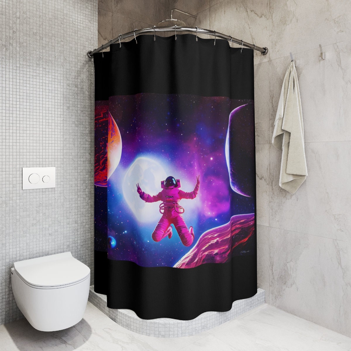 female astronaut, galaxy, shower curtain, home accessories, bathroom dcor, bathroom, home dcor, housewarming gift, shower room decor