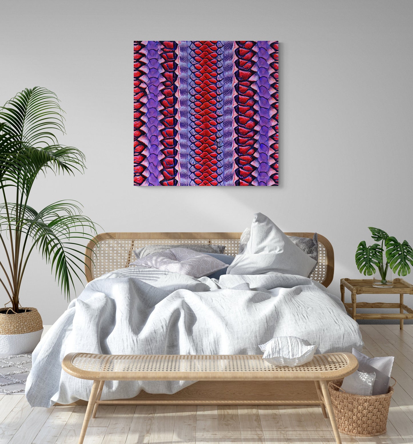 red and purple python snake skin canvas wall print,