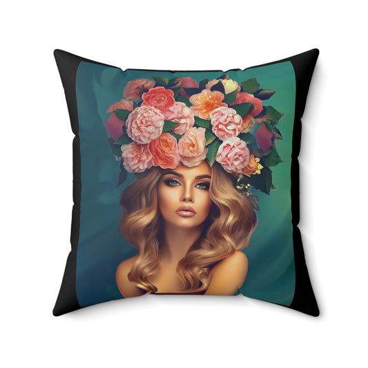 woman with flowers in hair, decorative pillow, living room pillow, bedroom pillow, throw pillow, pillows, decorative pillows, accent pillow