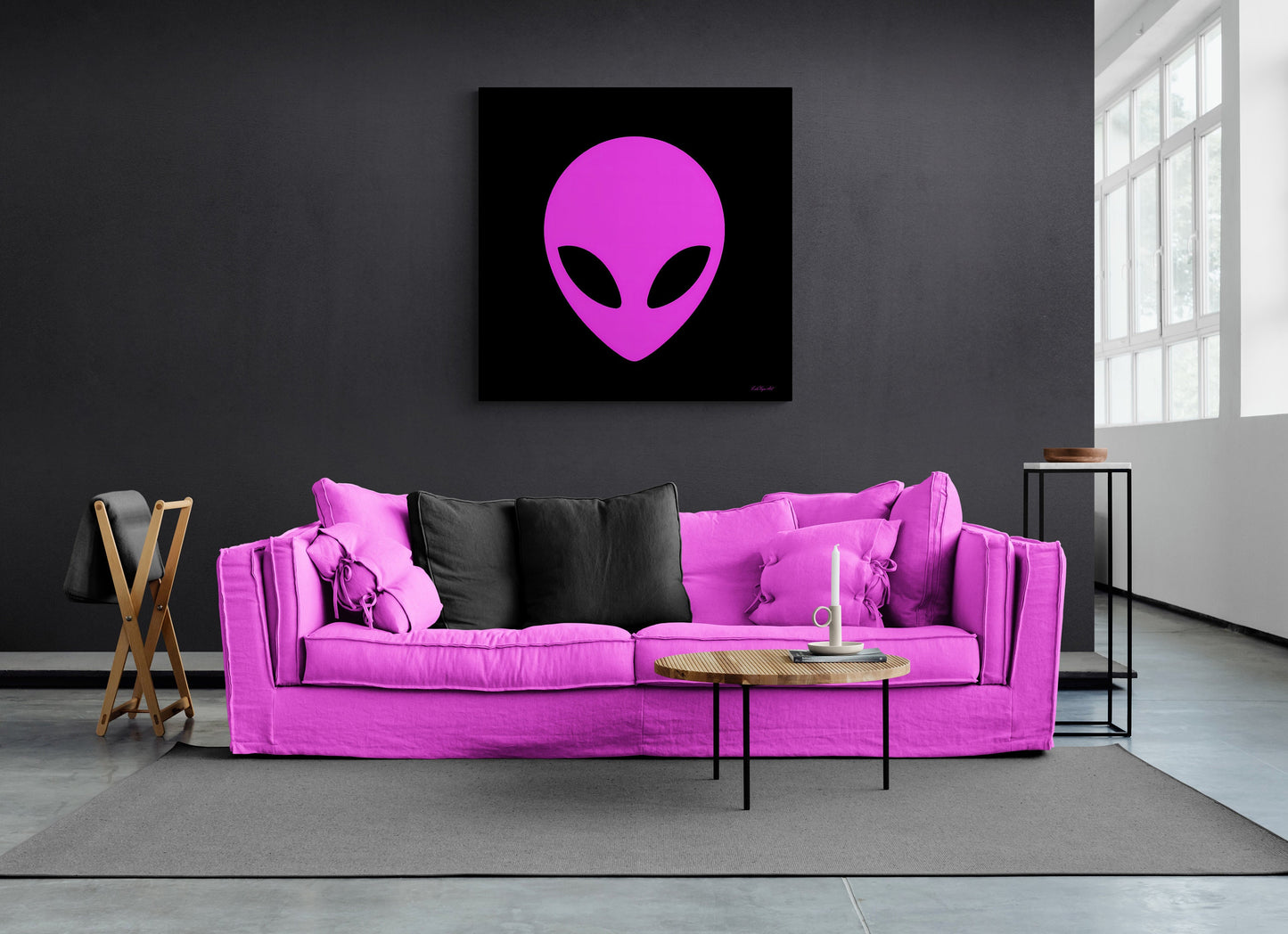 pink alien, extraterrestrial, wall art, wall art canvas, wall art dcor, room wall dcor, unique, quirky, large wall art, e.t., et, space