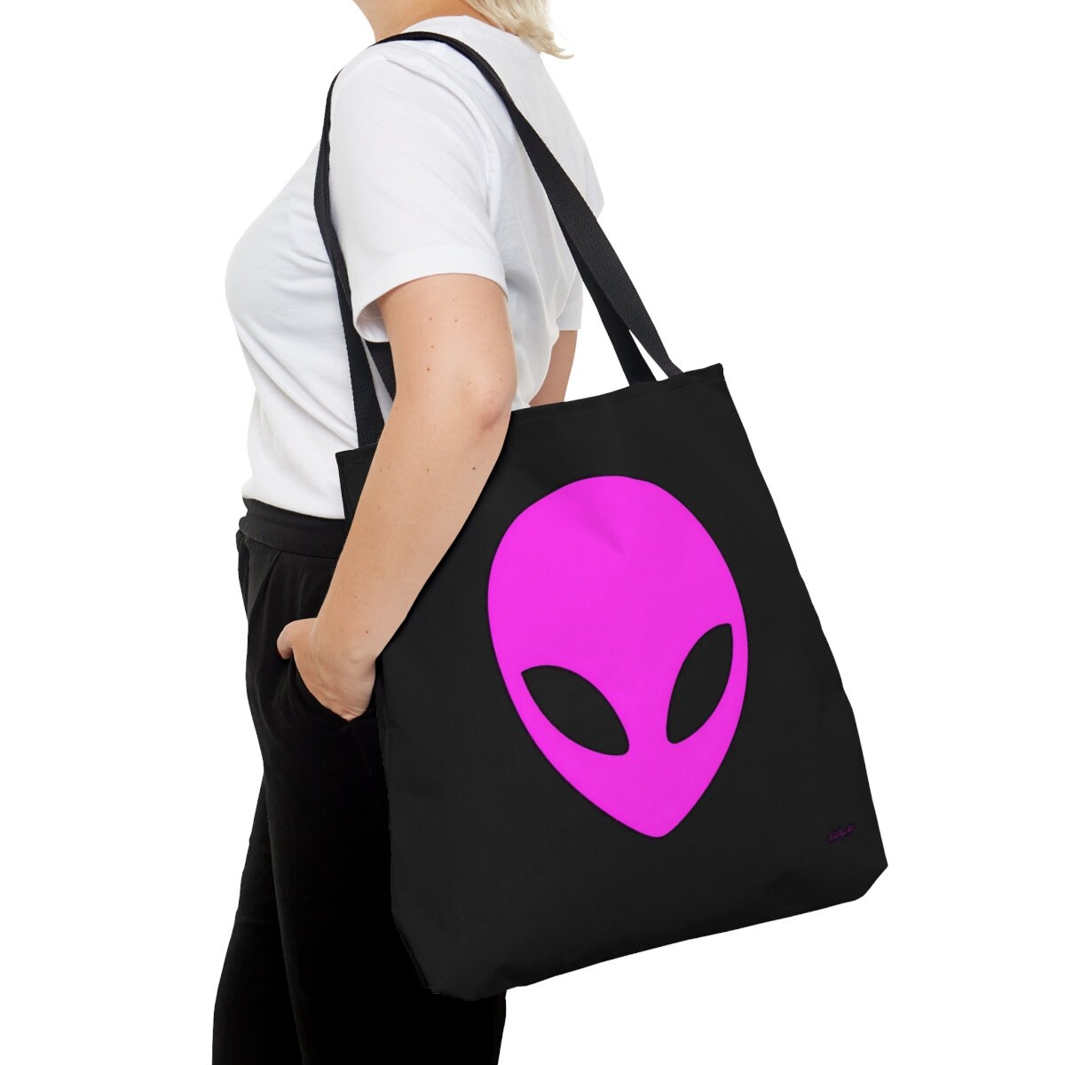 pink alien, bag, canvas bag, tote bag, gifts for women, canvas shopper, oversized canvas bag, reusable bag, shopping bag, tote bag for women - LOLA VEGAS ART