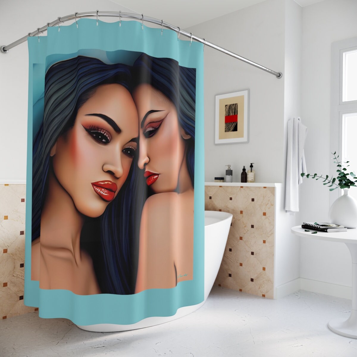 asian women, shower curtain, home accessories, bathroom decor, bathroom, home decor, housewarming gift, shower room decor