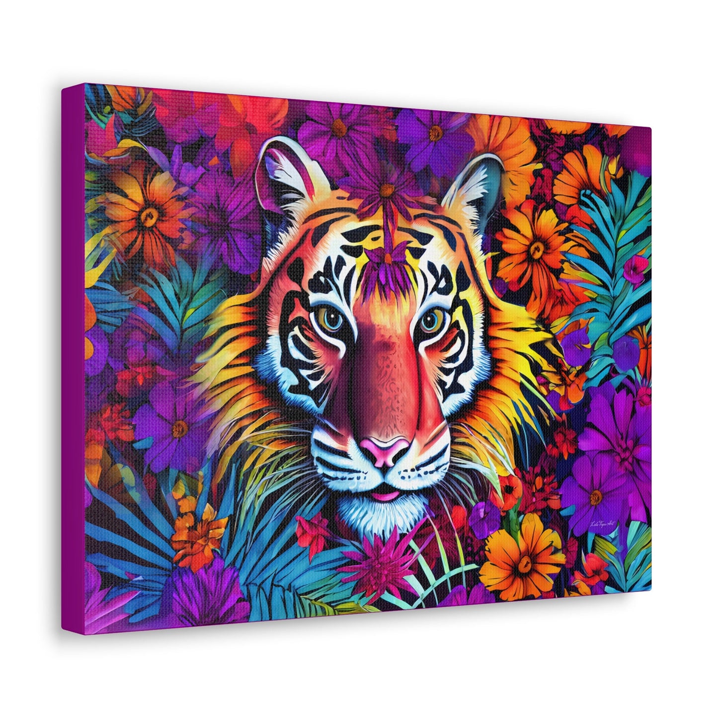 tiger art, flowers, big cat art, colorful, wall art, wall art canvas, wall art dcor, animal wall art, garden, unique, large wall art,