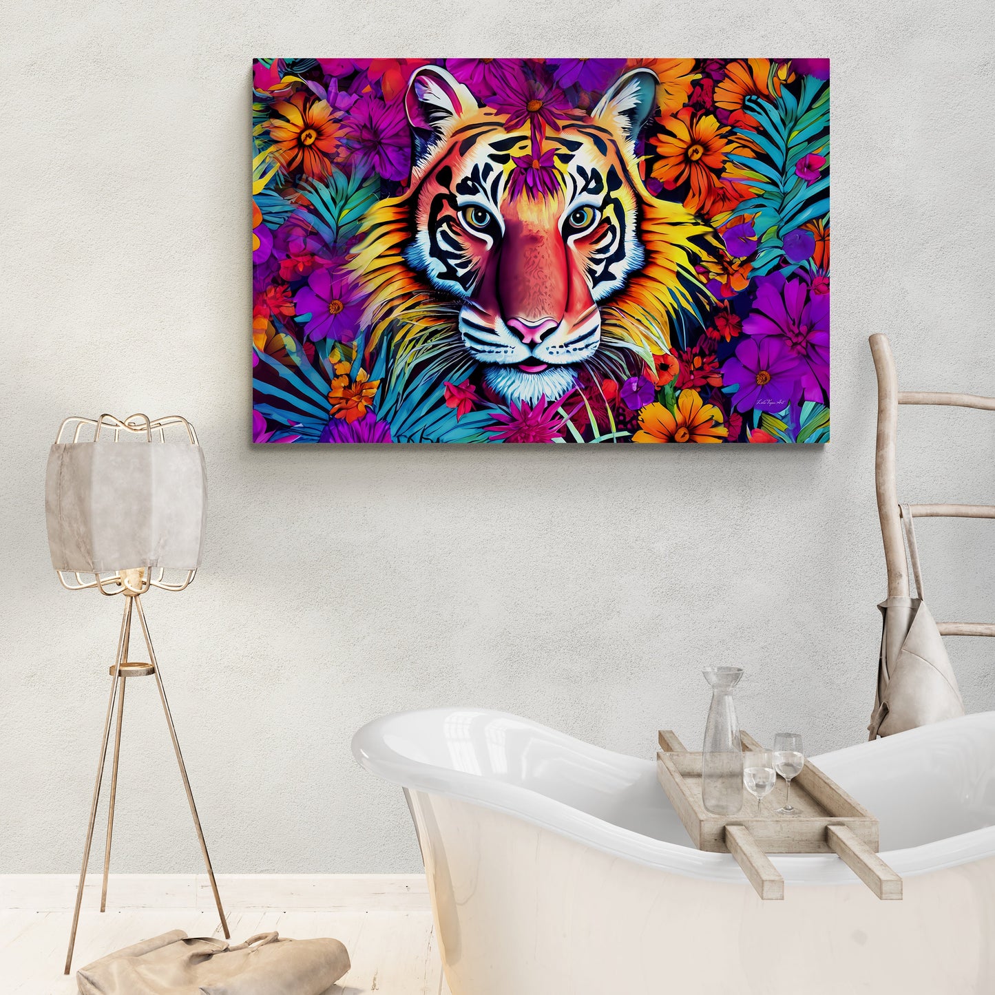 tiger art, flowers, big cat art, colorful, wall art, wall art canvas, wall art dcor, animal wall art, garden, unique, large wall art,