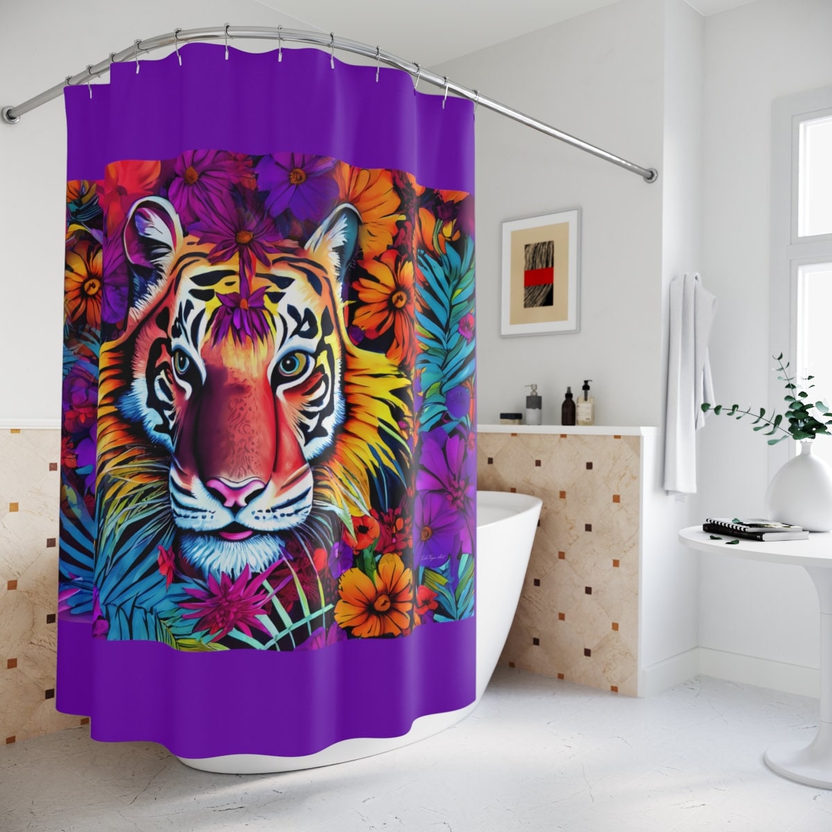 tiger, flowers, big cat, shower curtain, home accessories, bathroom dcor, bathroom, home dcor, housewarming gift, shower room decor