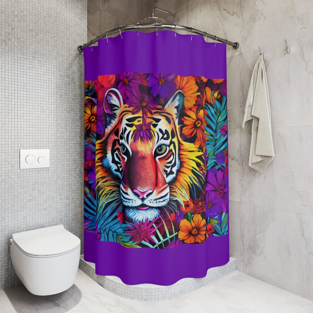 tiger, flowers, big cat, shower curtain, home accessories, bathroom dcor, bathroom, home dcor, housewarming gift, shower room decor