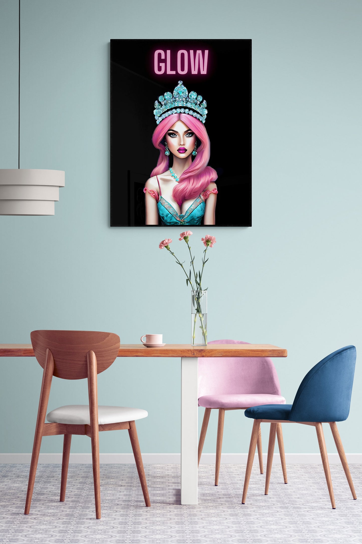 pink haired queen with crown, wall art, wall art canvas, wall art dcor, wall art woman, wall art girl, beauty art, fashion art, teen gift