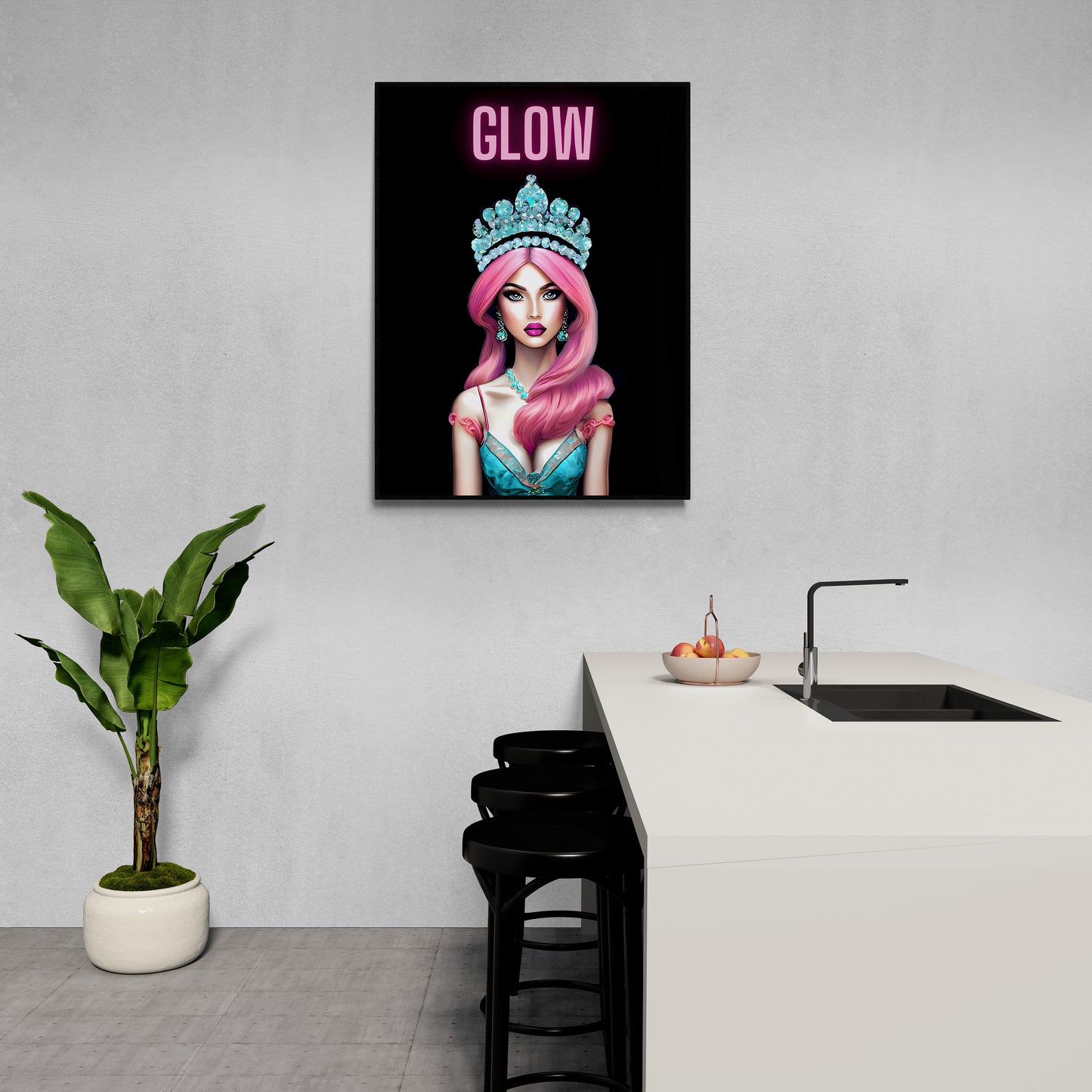 pink haired queen with crown, wall art, wall art canvas, wall art dcor, wall art woman, wall art girl, beauty art, fashion art, teen gift