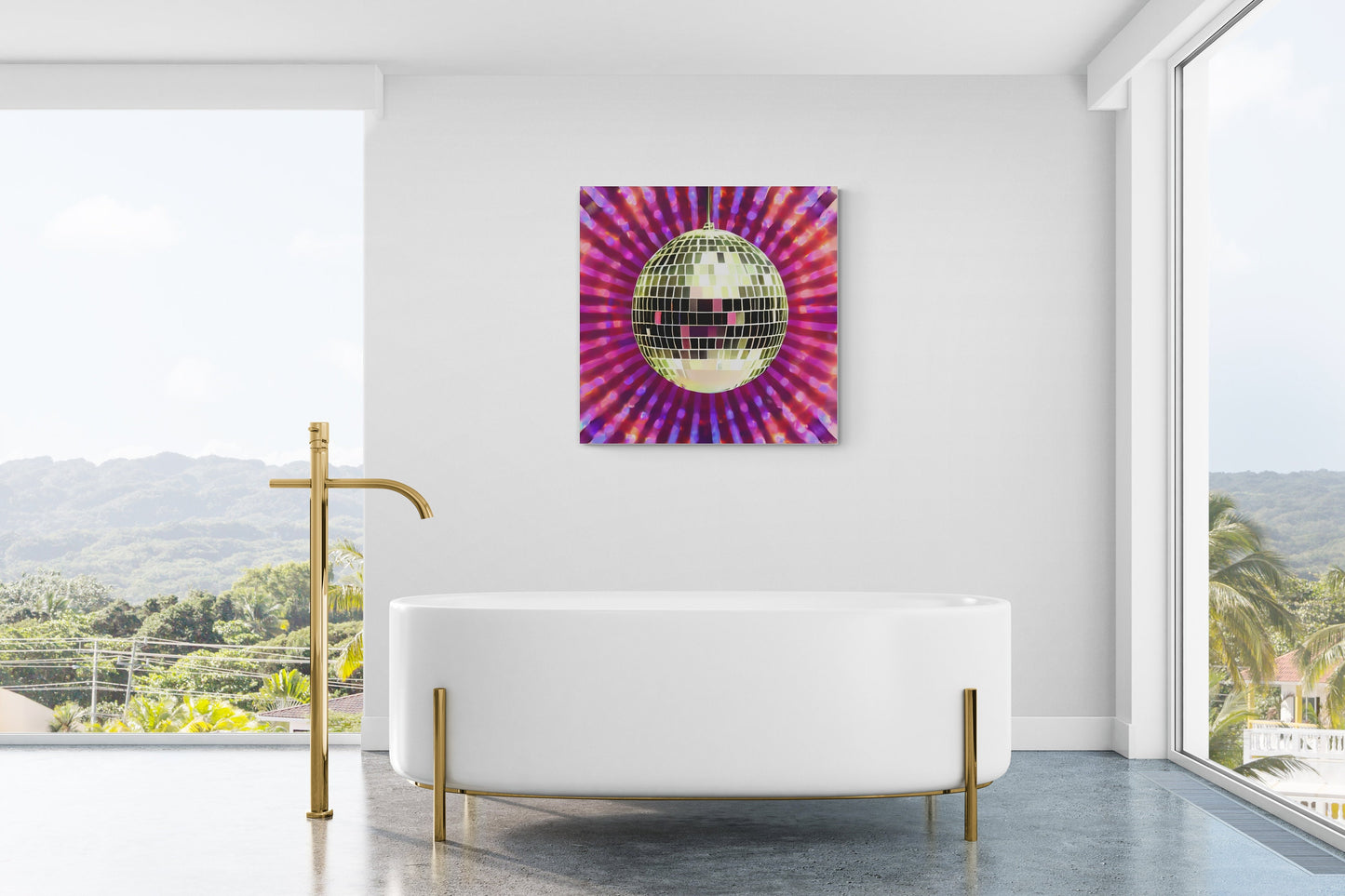 gold disco ball, wall art, wall art canvas, wall art dcor, contemporary art, modern decor, pink, purple, glamorous, eclectic, fashion art