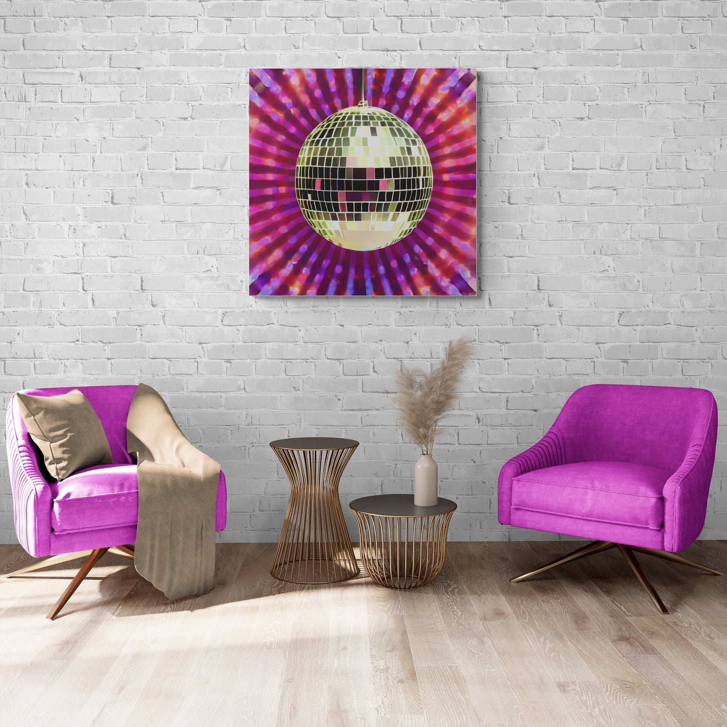 gold disco ball, wall art, wall art canvas, wall art dcor, contemporary art, modern decor, pink, purple, glamorous, eclectic, fashion art - LOLA VEGAS ART