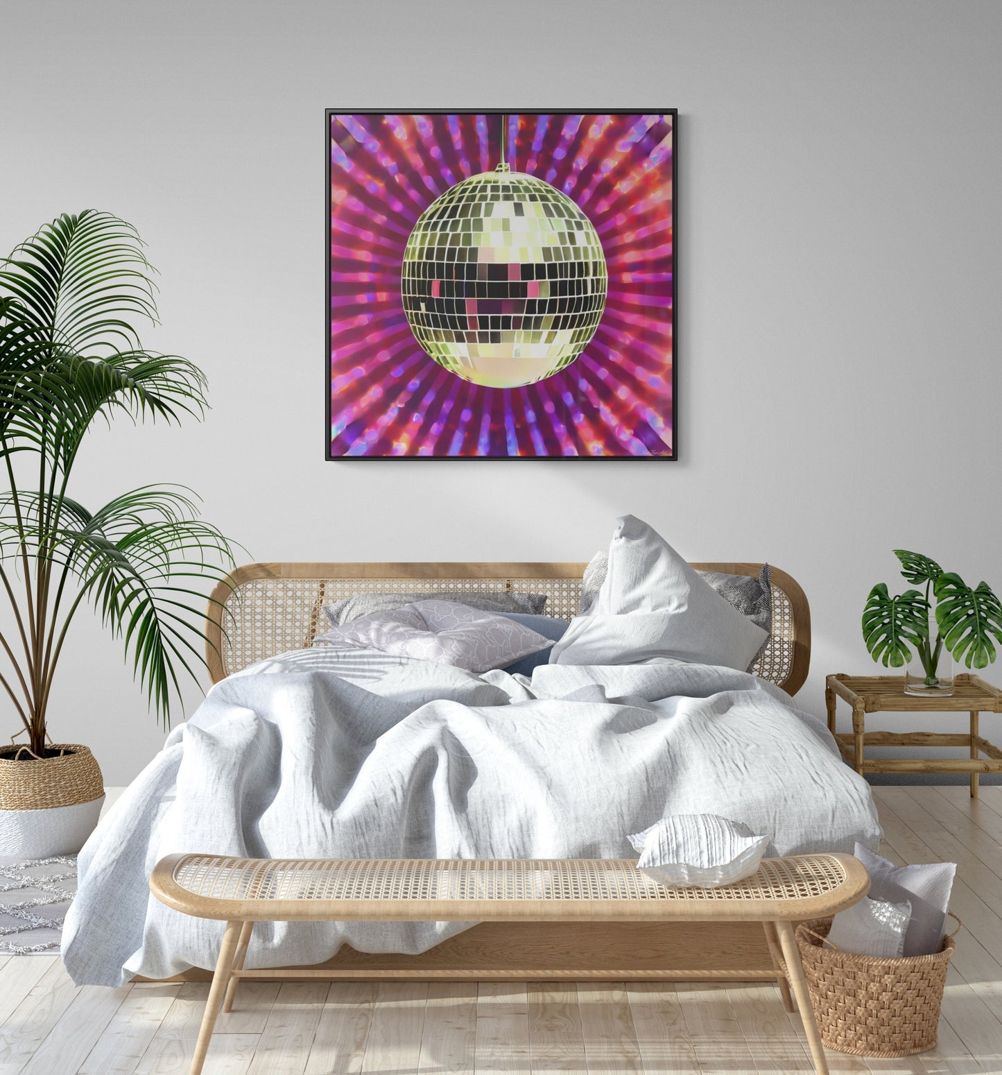 gold disco ball framed wall art,  wall art in frame, wall art with frame, wall art framed, wall art canvas framed, pink, purple, retro art