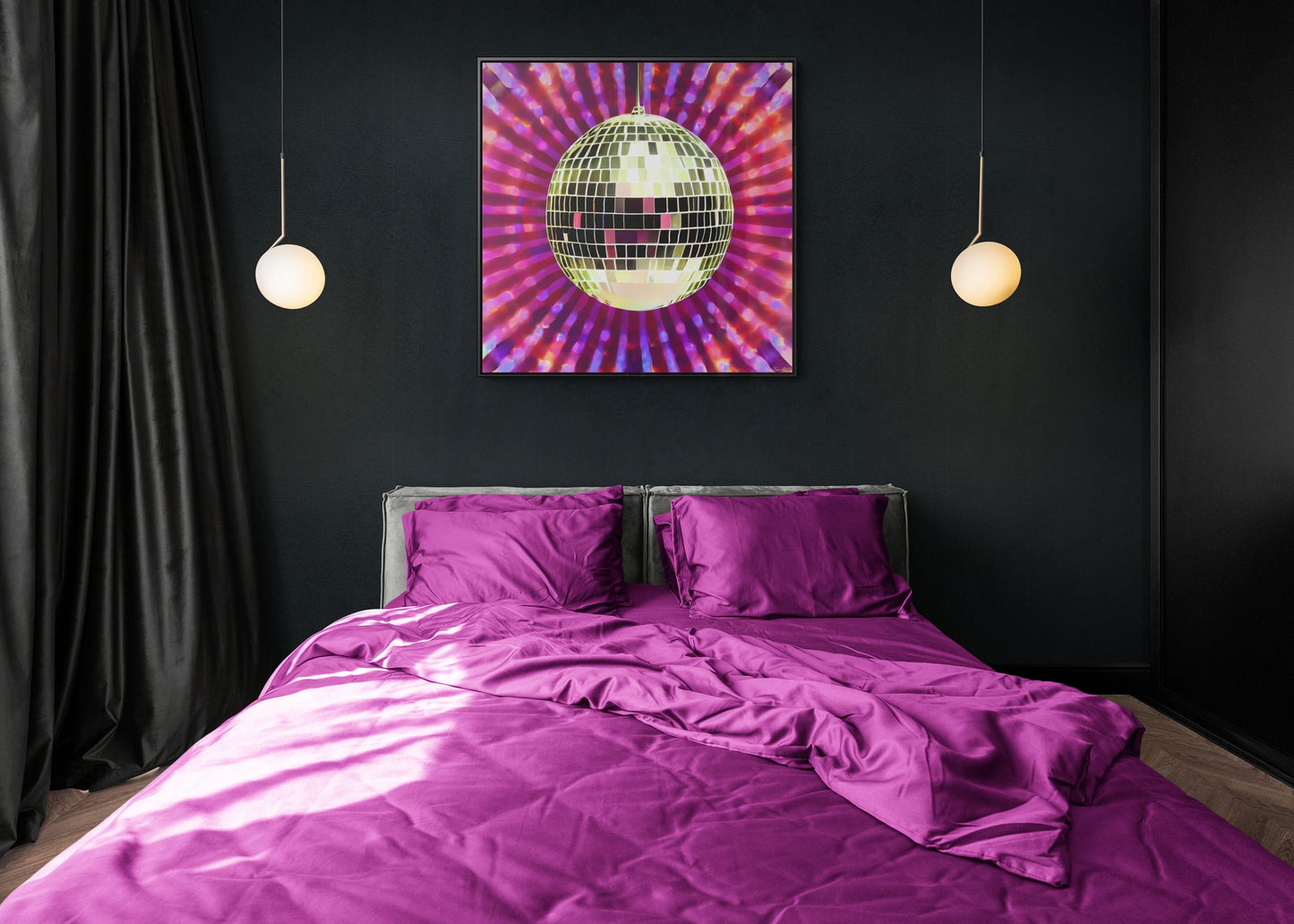 gold disco ball framed wall art,  wall art in frame, wall art with frame, wall art framed, wall art canvas framed, pink, purple, retro art