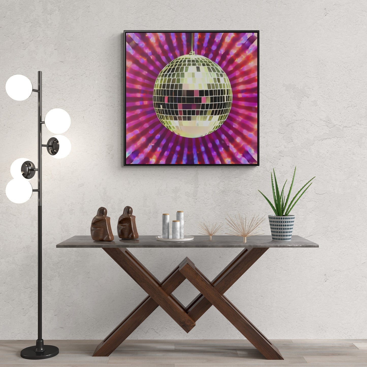 gold disco ball framed wall art,  wall art in frame, wall art with frame, wall art framed, wall art canvas framed, pink, purple, retro art