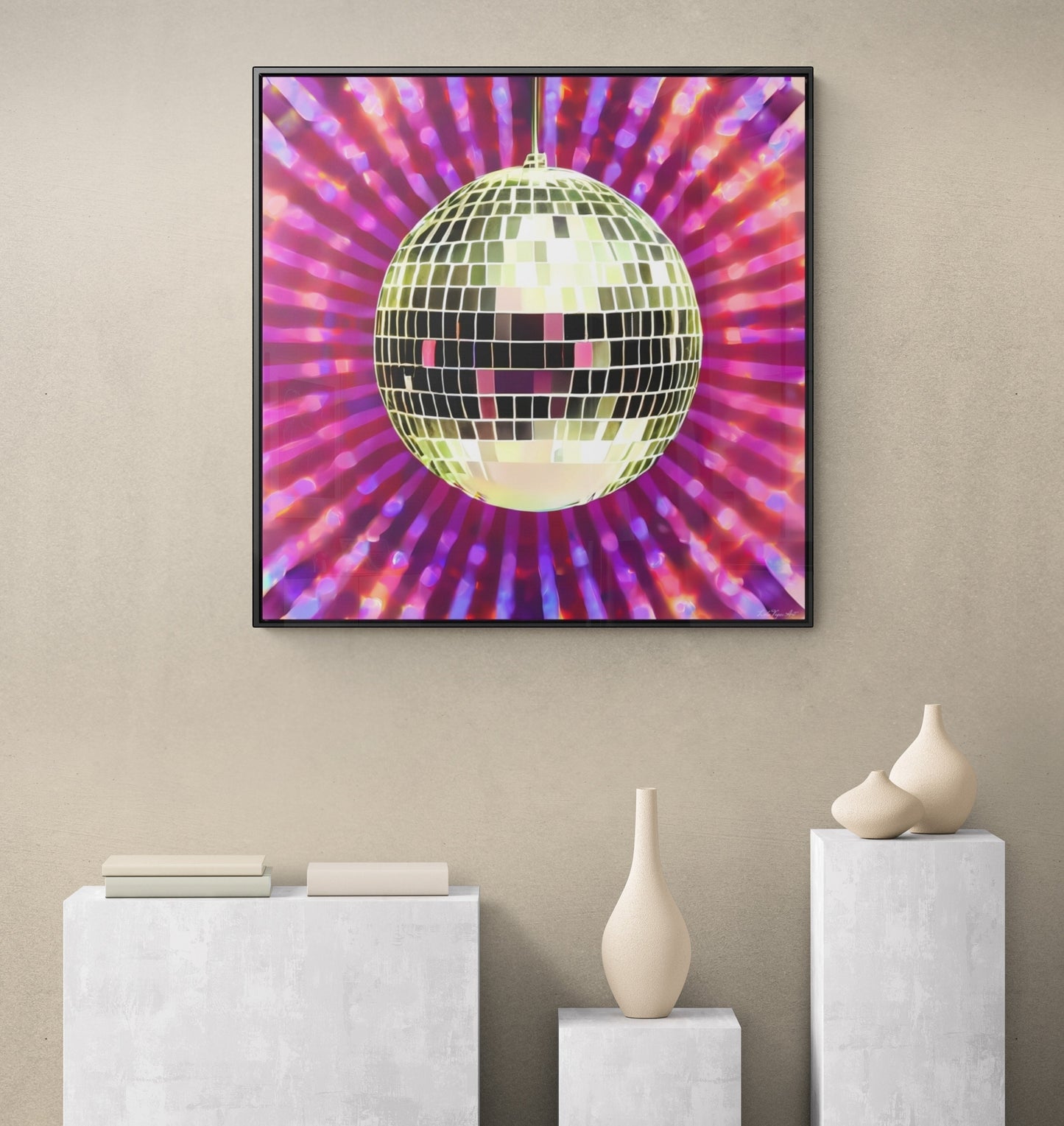 gold disco ball framed wall art,  wall art in frame, wall art with frame, wall art framed, wall art canvas framed, pink, purple, retro art - LOLA VEGAS ART