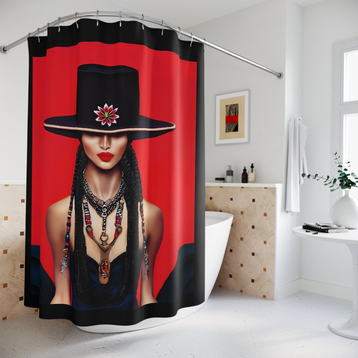 latina woman in a bolero hat, shower curtain, home accessories, bathroom dcor, bathroom, home dcor, housewarming gift, shower room decor